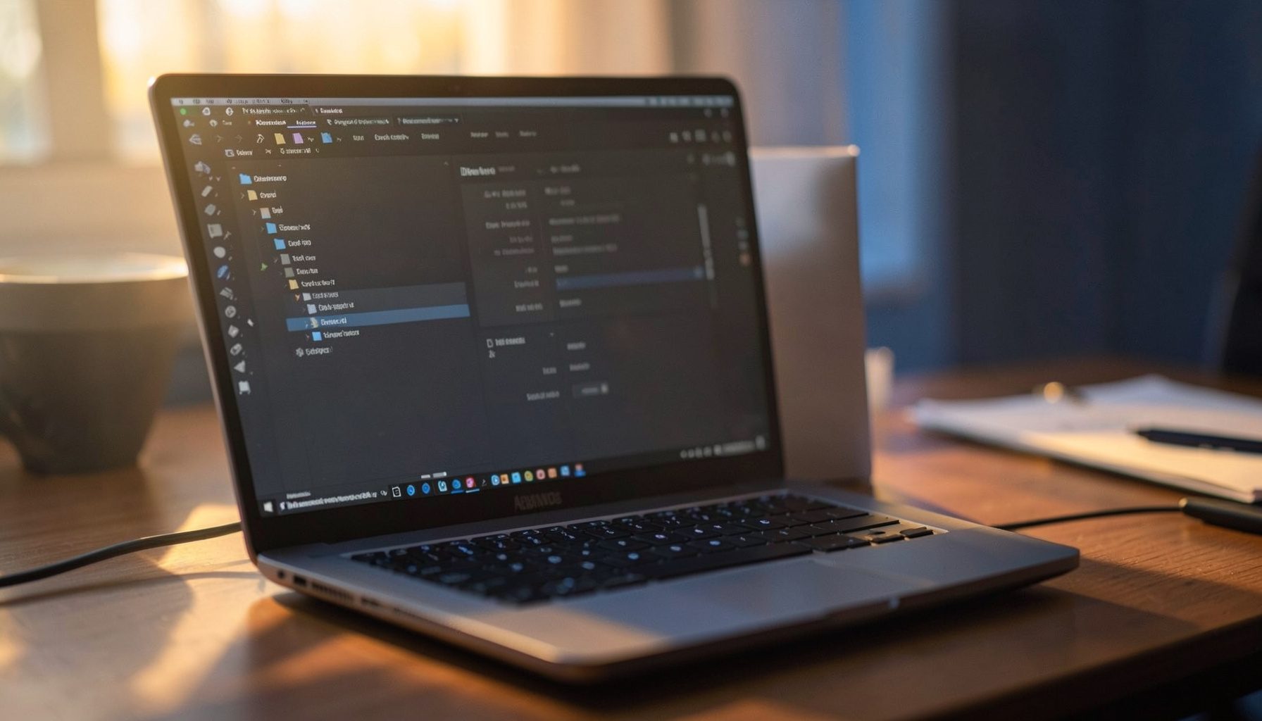 Робочий стіл із відкритим інтерфейсом Adobe Dreamweaver на екрані ноутбука, тепле вечірнє освітлення, м'які тіні, атмосфера зосередженої роботи