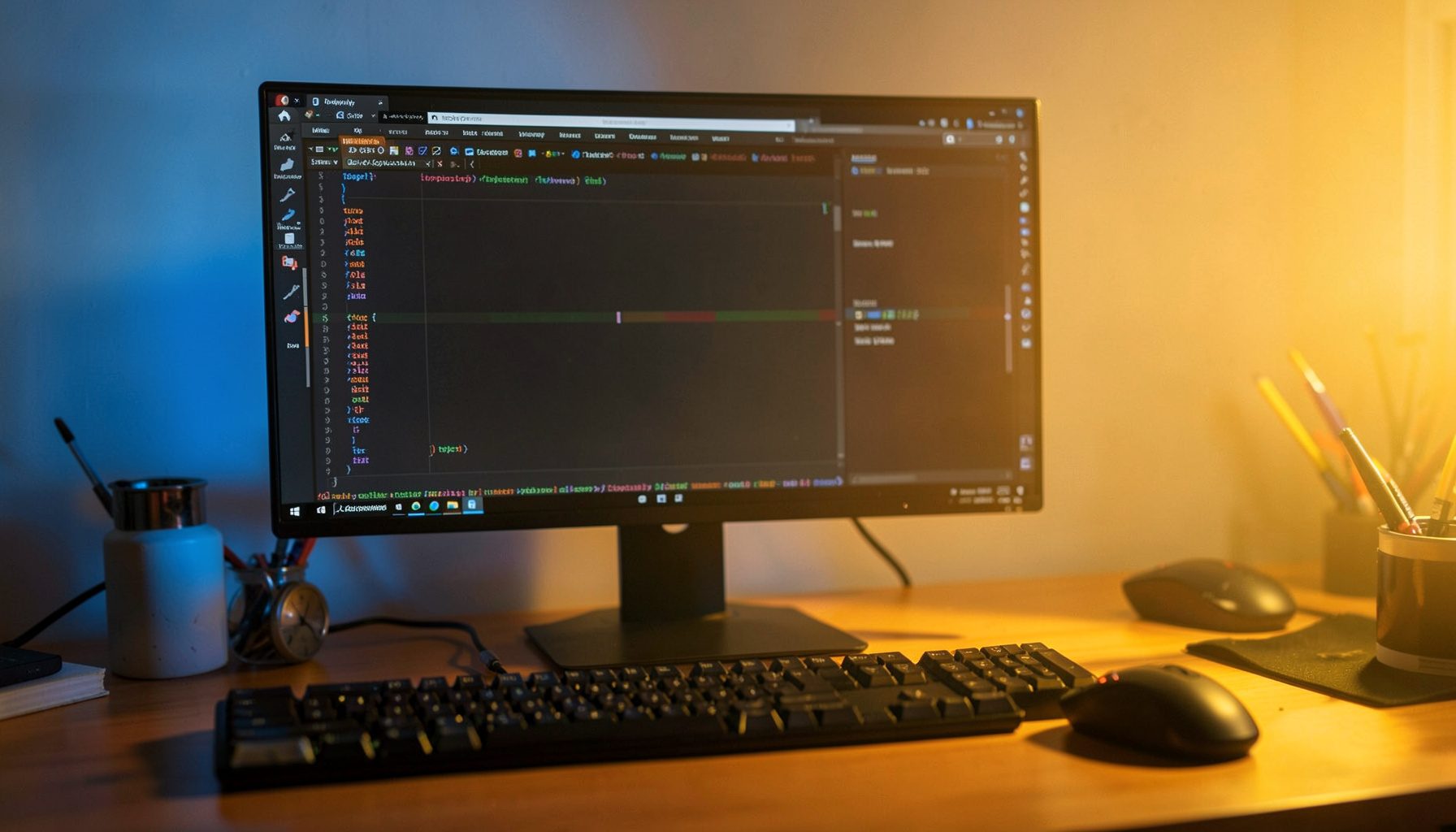 Великий монітор із відкритим проєктом у Dreamweaver, поруч клавіатура та миша, тепле золотисте освітлення робочого простору