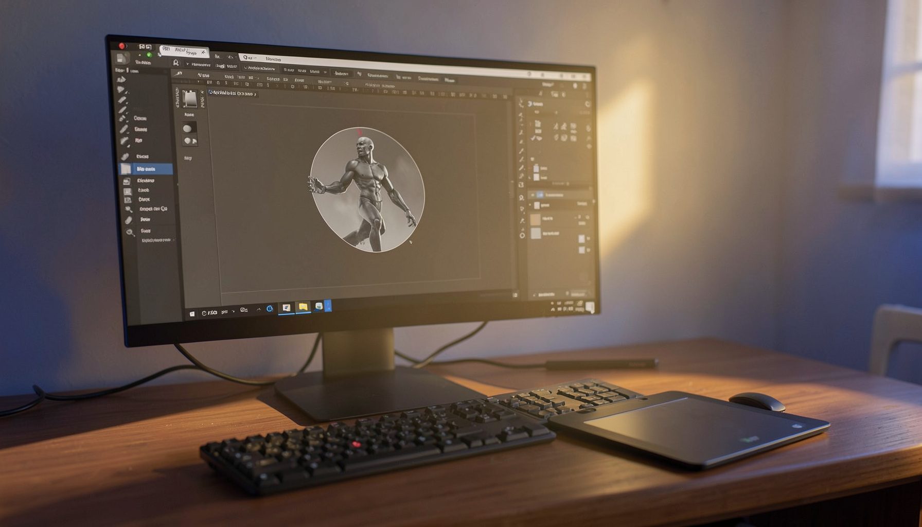 Робочий стіл із відкритим Adobe Illustrator на екрані монітора, поряд стилус і графічний планшет, тепле золотаве вечірнє освітлення
